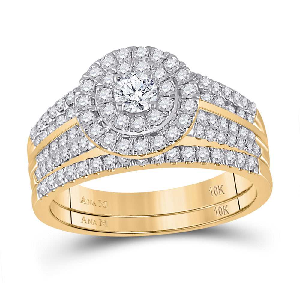 Gold Halo Bridal Wedding Ring Band Set 1 Cttw Round Natural Diamond Womens (4.4 grams)