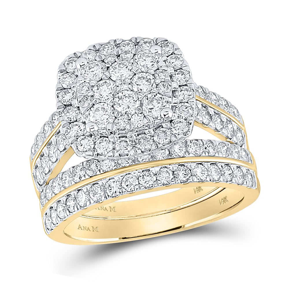 Gold Square Halo Bridal Wedding Ring Band Set 2 Cttw Round Natural Diamond Womens (6.23 grams)