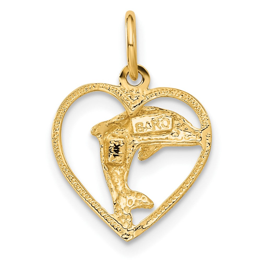14k Yellow Gold 14 mm Dolphin in Heart Charm (0.84 grams)