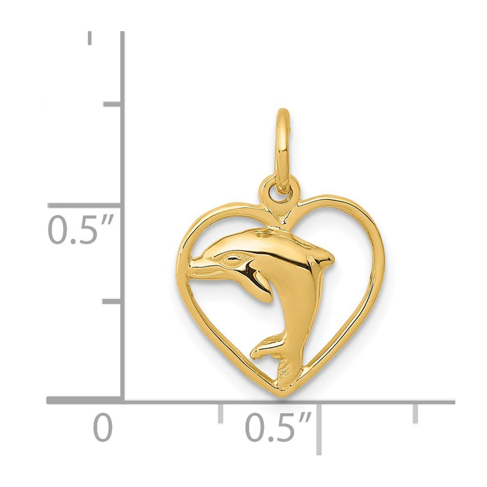 14k Yellow Gold 14 mm Dolphin in Heart Charm (0.84 grams)