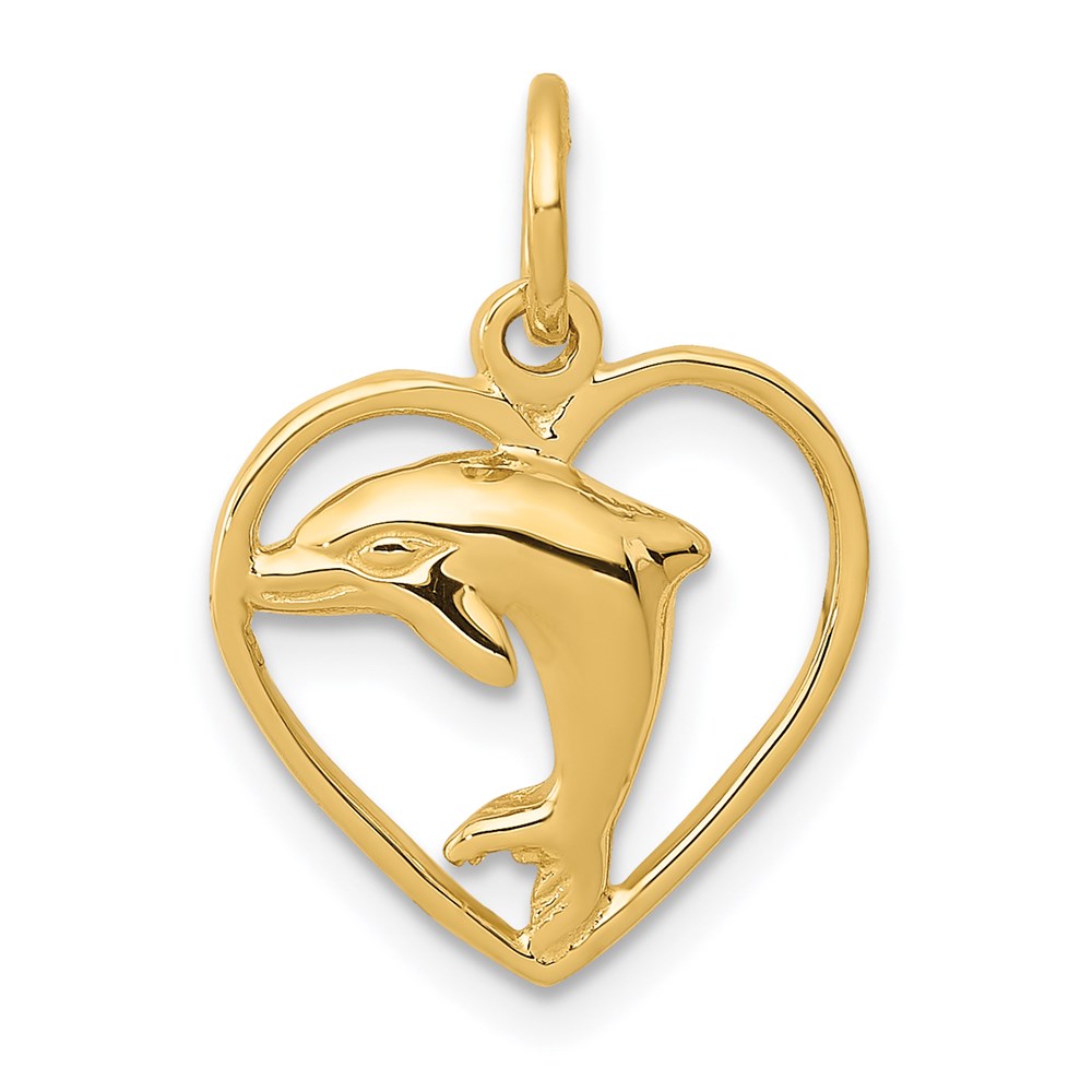 14k Yellow Gold 14 mm Dolphin in Heart Charm (0.84 grams)