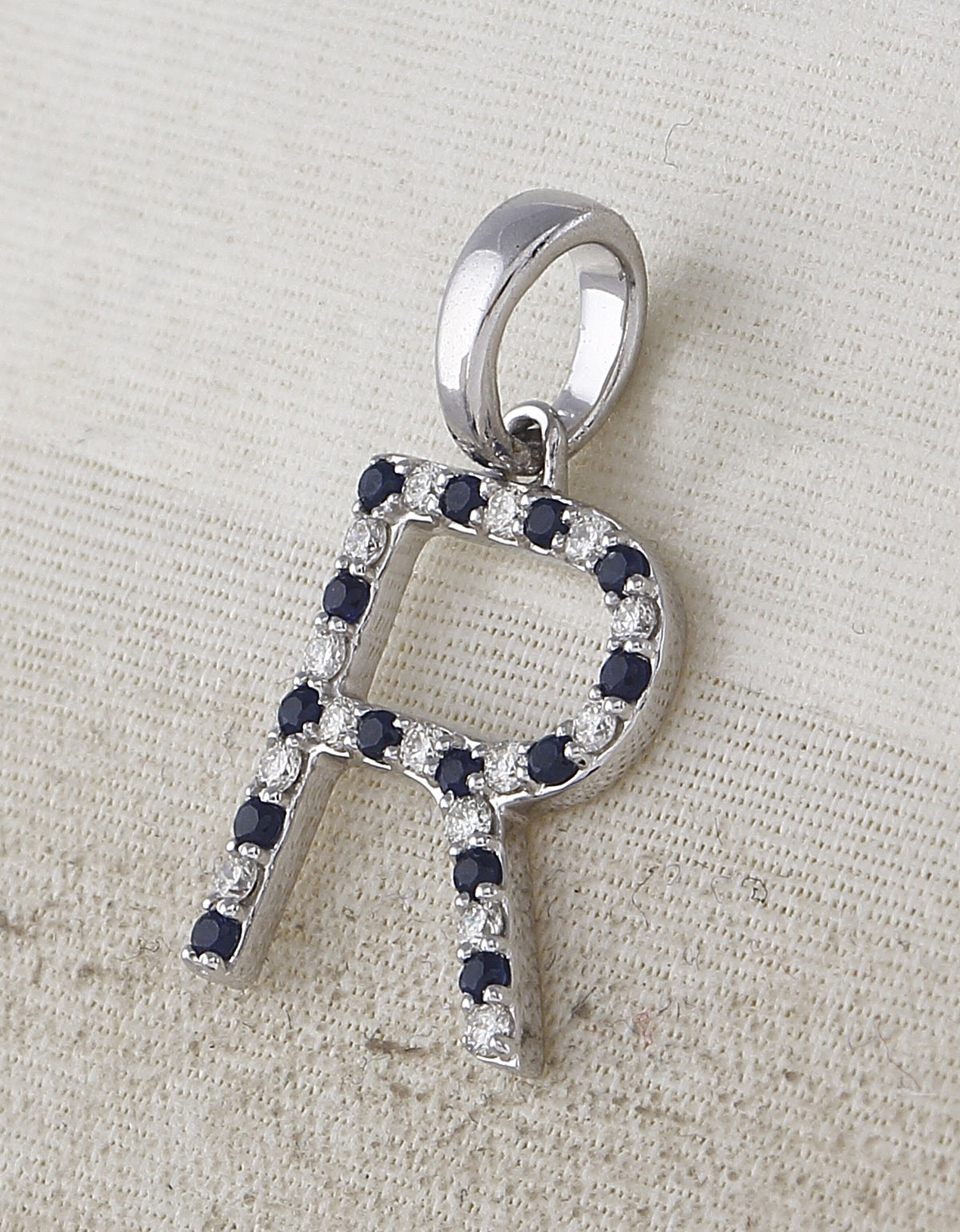 1/10Ctw-Diamond 1/8Ctw-Blue Sapp Natural Gem Initial "R" Pendant (1.1 grams)