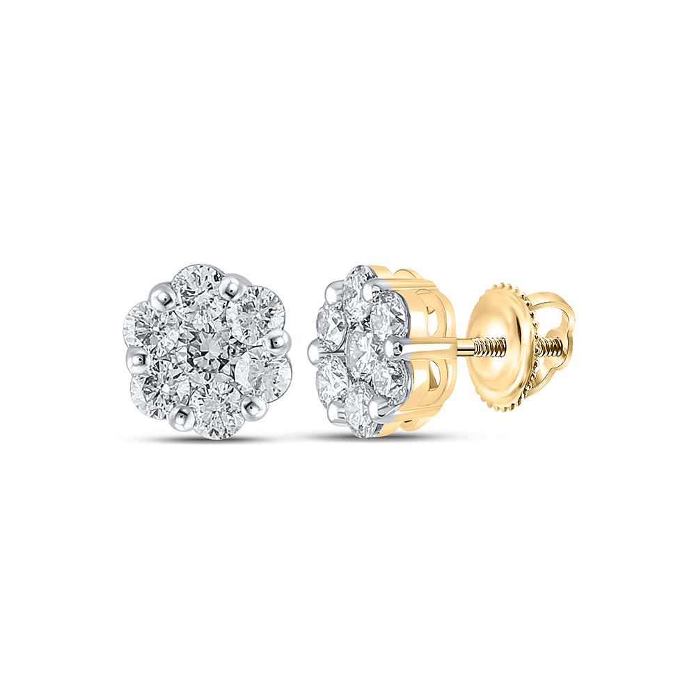 Gold Flower Cluster Earrings 1-3/4 Cttw Round Natural Diamond Womens (2.02 grams)