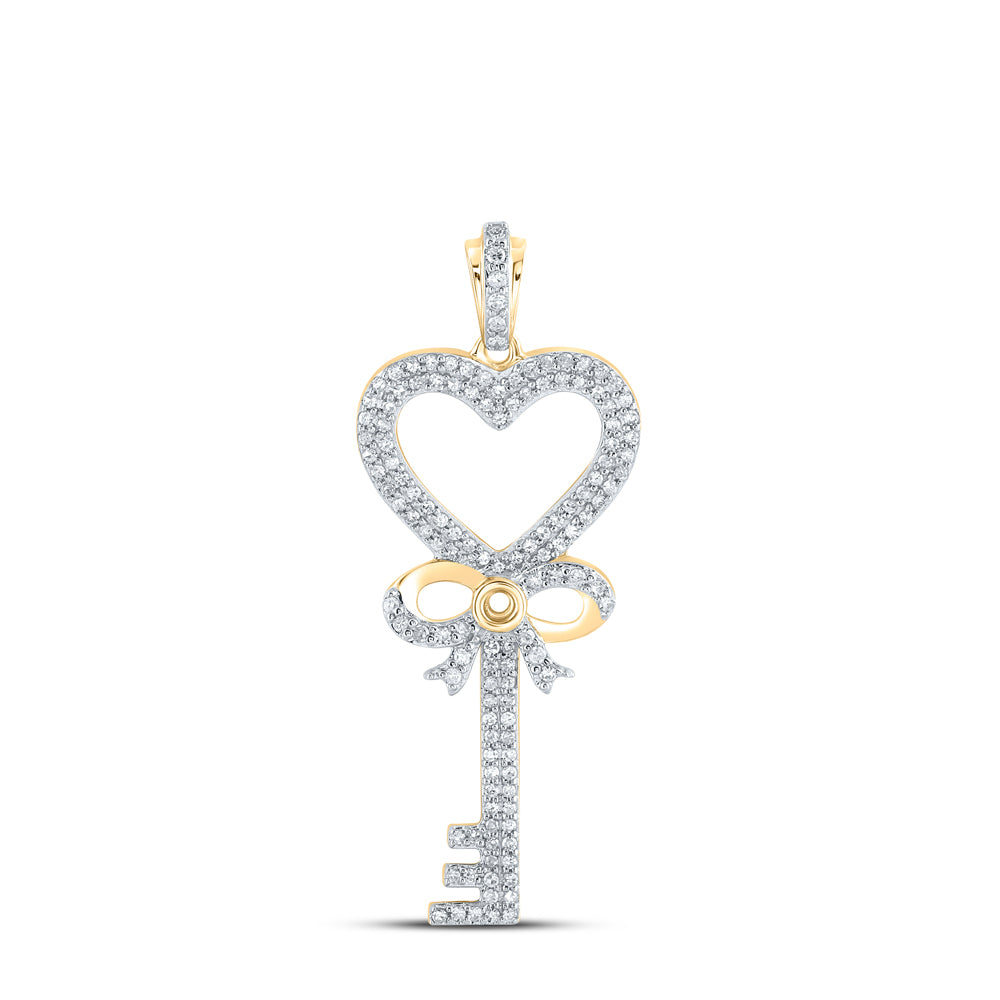 Gold Heart Key Pendant 1/2 Cttw Round Natural Diamond Womens (2.35 grams)