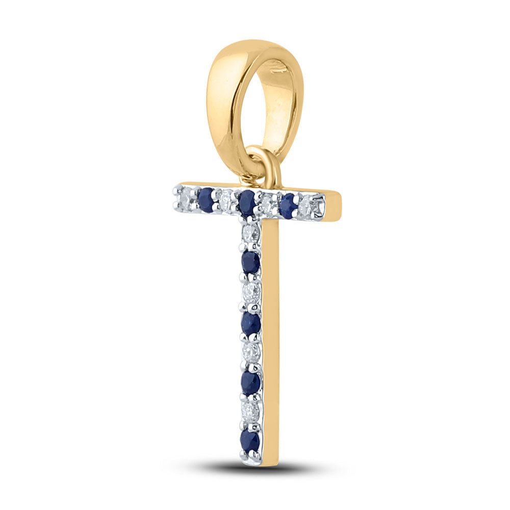 1/20Ct-Diamond 1/12Ct-Blue Sapp Natural Gem Initial "T" Pendant (0.84 grams)
