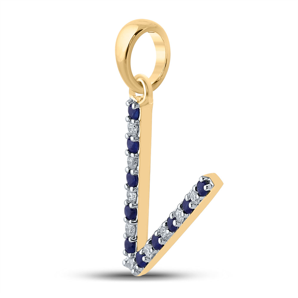 10Kt Yellow Gold 1/20Ct-Dia Cn 1/10Ct-Blue Sapp Natural Gem Initial V" Pendant" (1.01 grams)