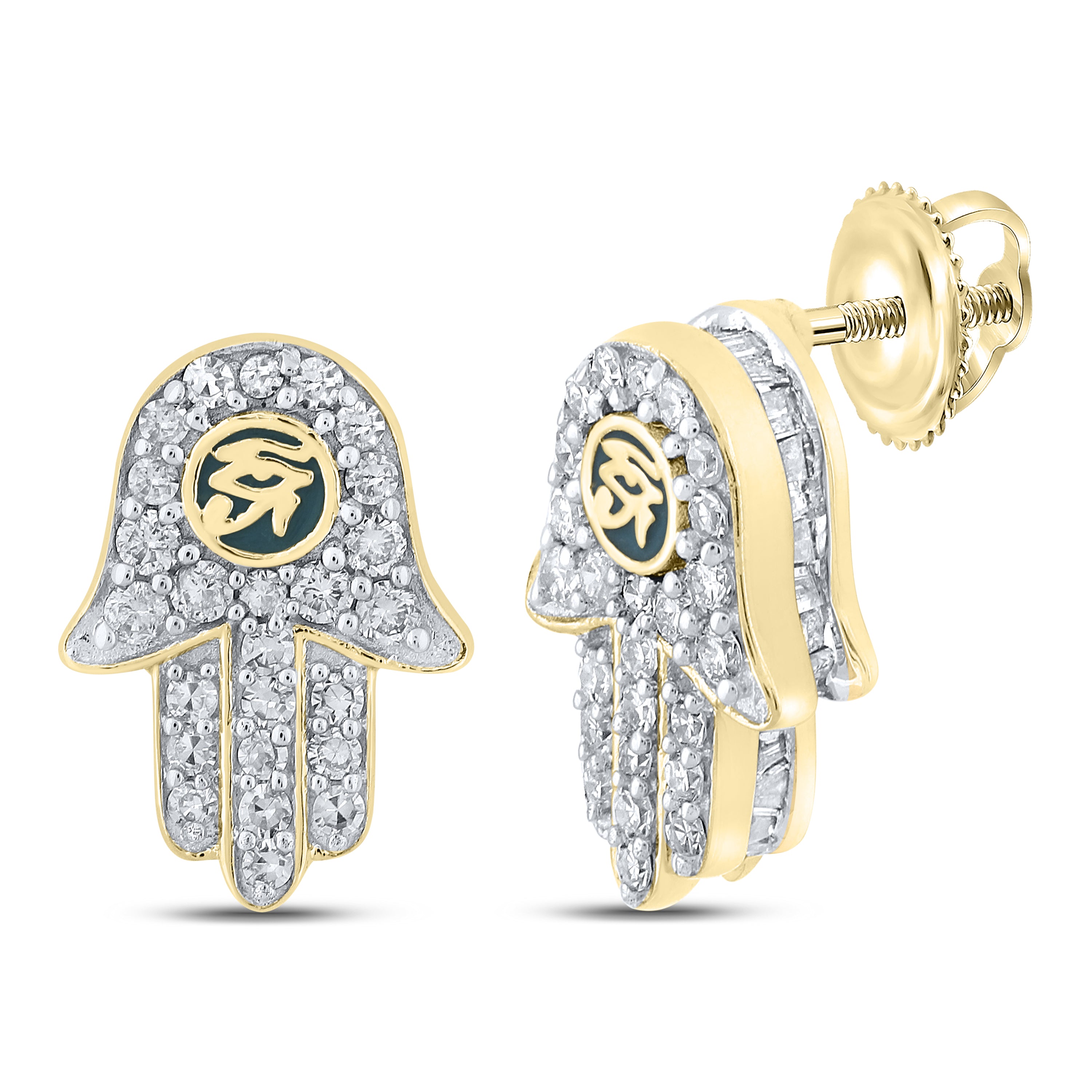 Gold Hamsa Eye of Ra Fashion Earrings 5/8 Cttw Baguette Natural Diamond Mens (2.48 grams)