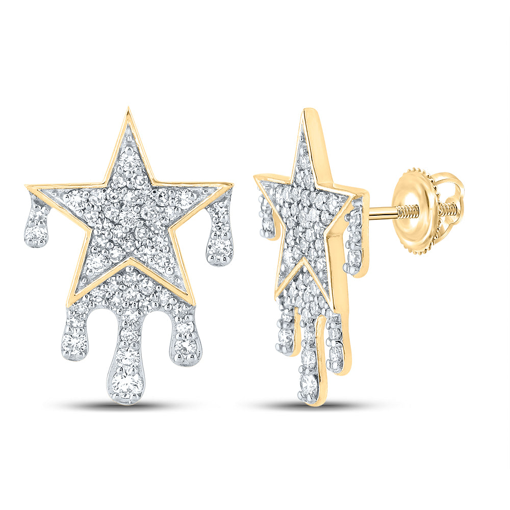 Gold Dripping Star Earrings 3/4 Cttw Round Natural Diamond Mens (2.58 grams)