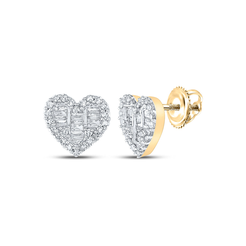 Gold Heart Earrings 3/8 Cttw Baguette Natural Diamond Womens (1.68 grams)