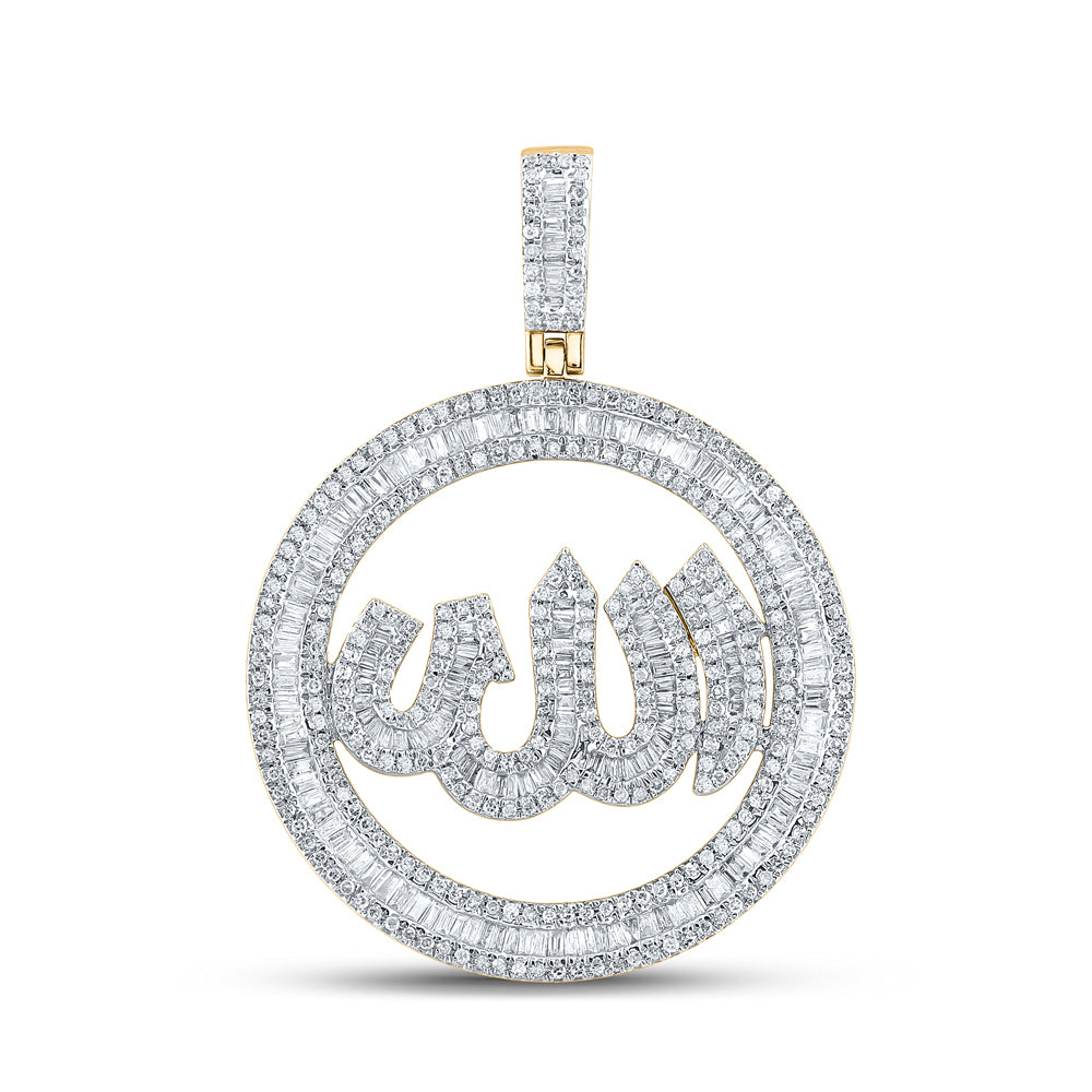 Gold Allah Circle Charm Pendant 2 Cttw Baguette Natural Diamond Mens (8.12 grams)