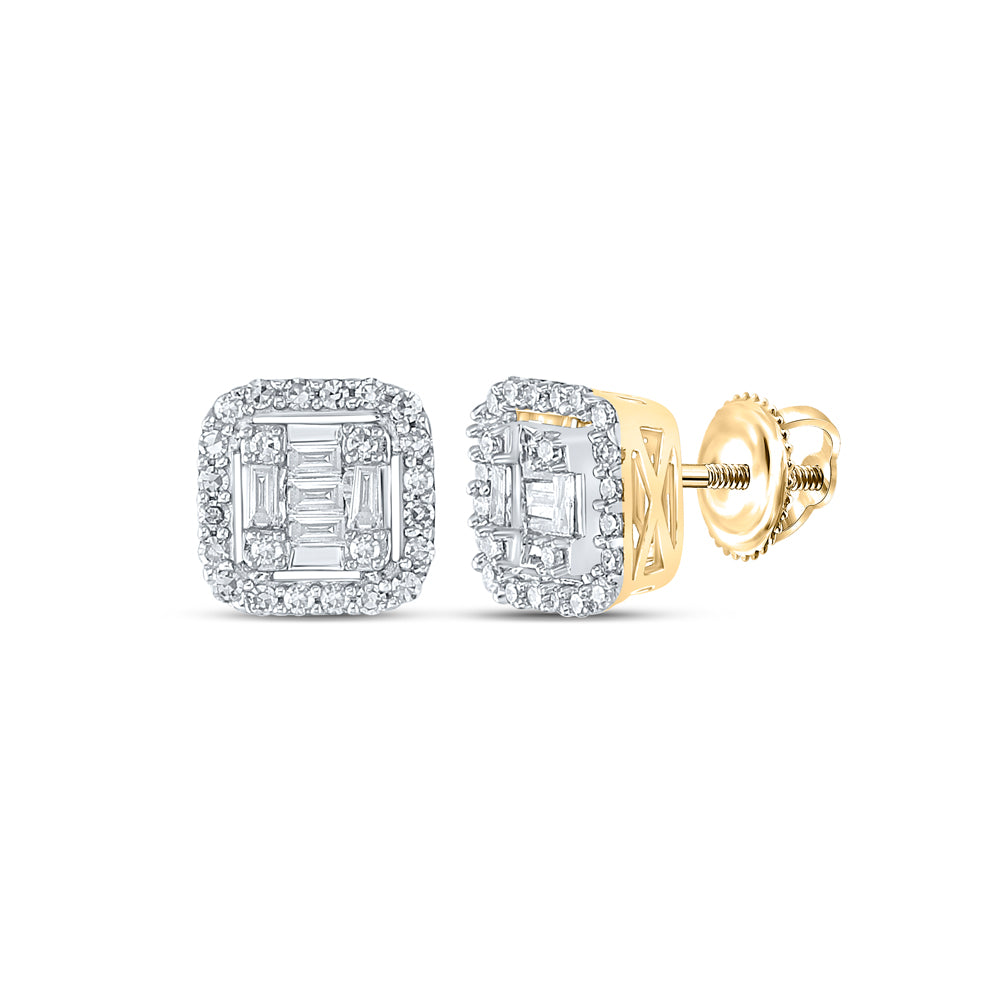 Gold Square Earrings 1/2 Cttw Baguette Natural Diamond Mens (1.93 grams)