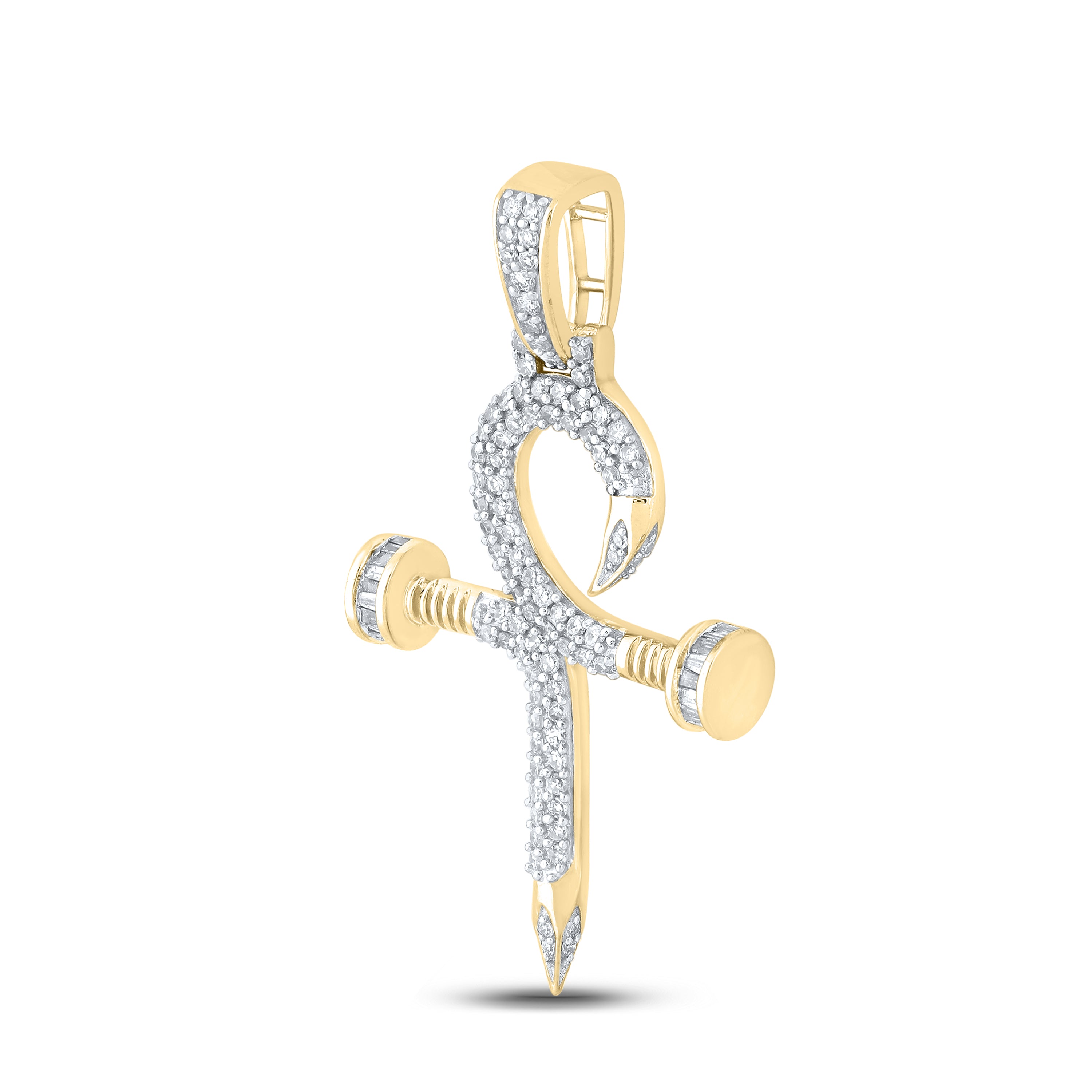 Gold Nail Ankh Cross Charm Pendant 3/4 Cttw Baguette Natural Diamond Mens (4.62 grams)