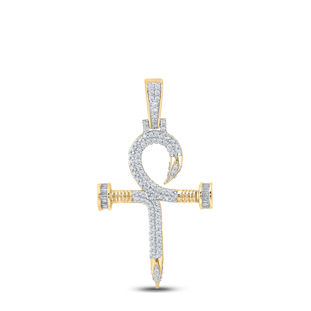 Gold Nail Ankh Cross Charm Pendant 3/4 Cttw Baguette Natural Diamond Mens (4.62 grams)