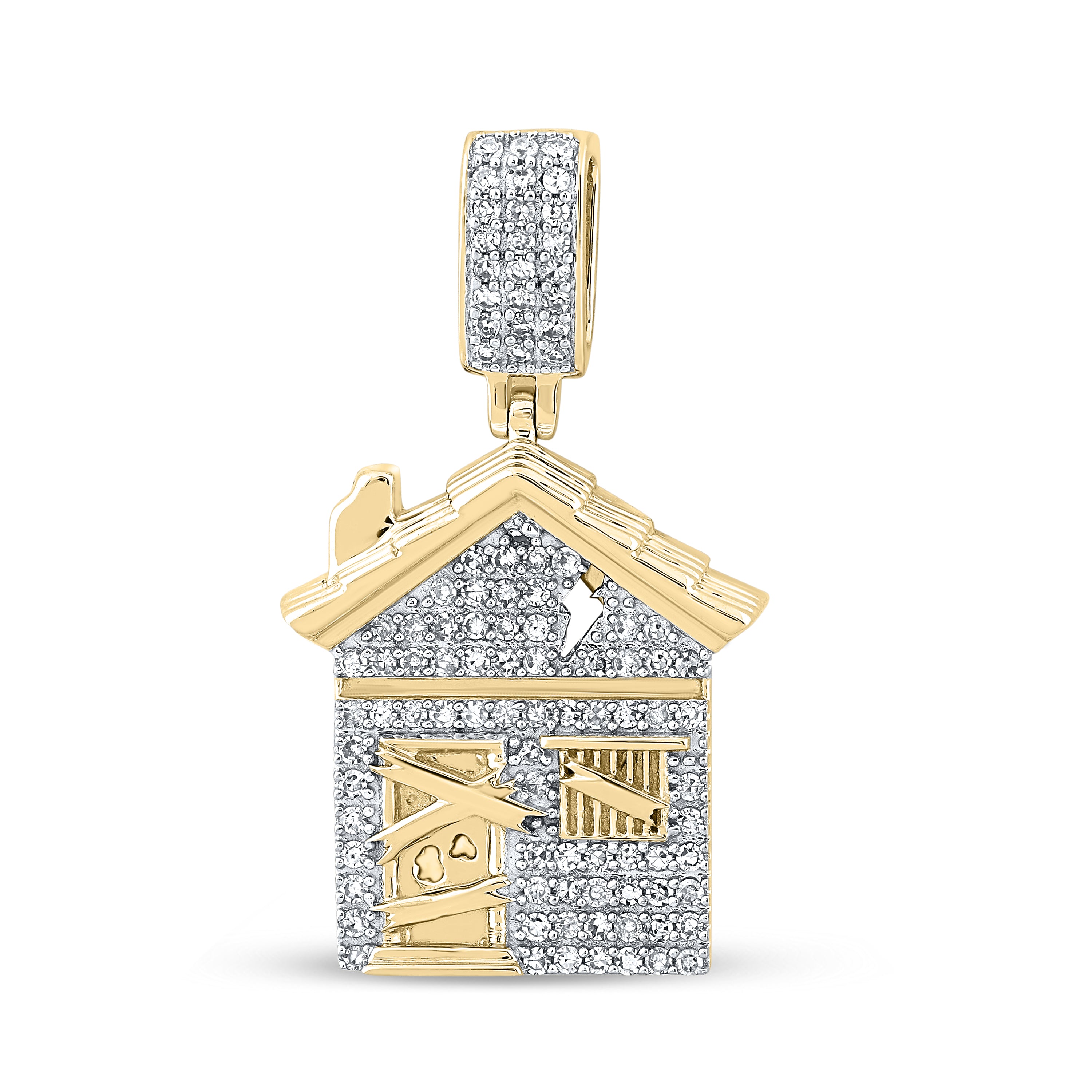 Gold Trap House Charm Pendant 1/2 Cttw Round Natural Diamond Mens (3.51 grams)