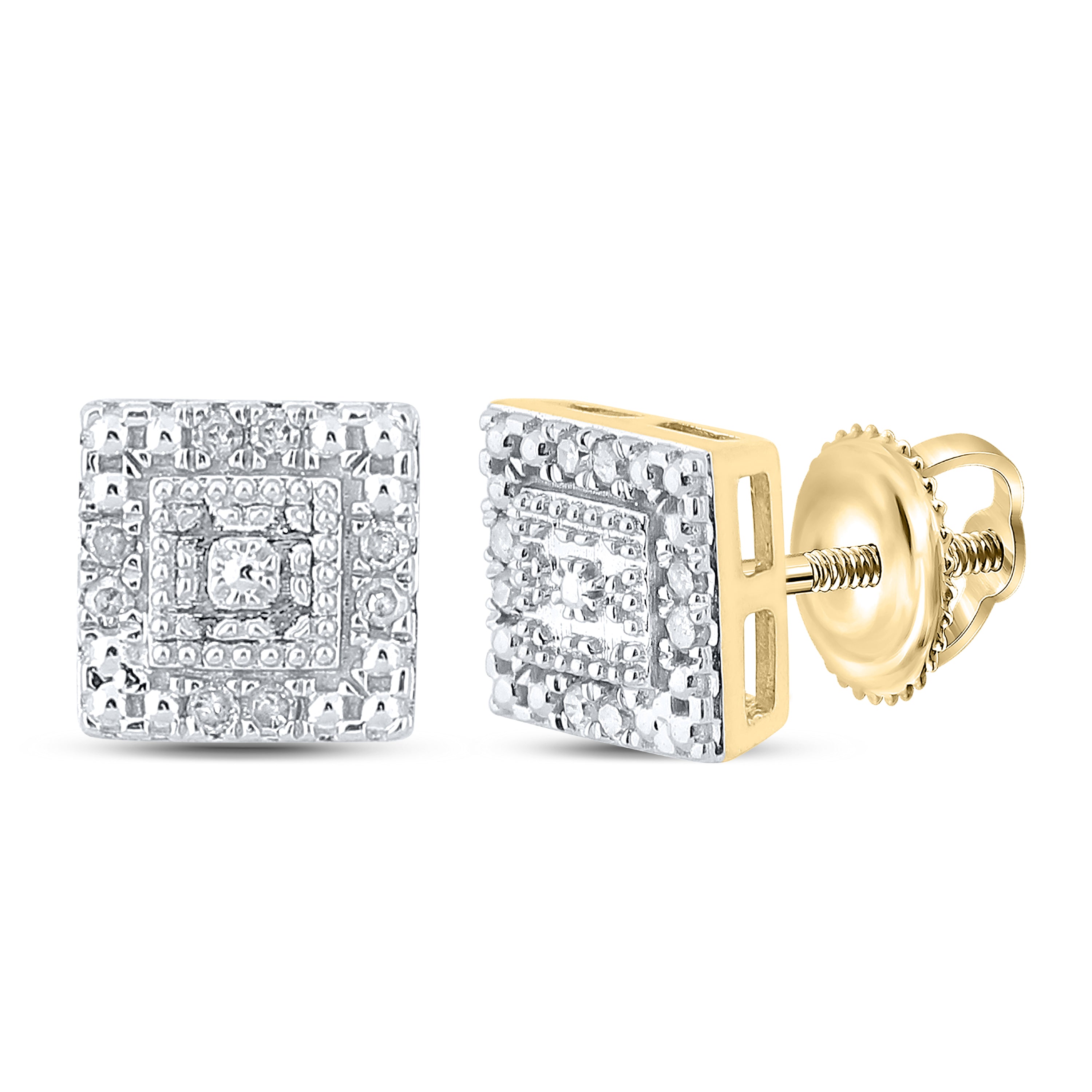 Gold Square Earrings 1/8 Cttw Round Natural Diamond Womens (1.94 grams)