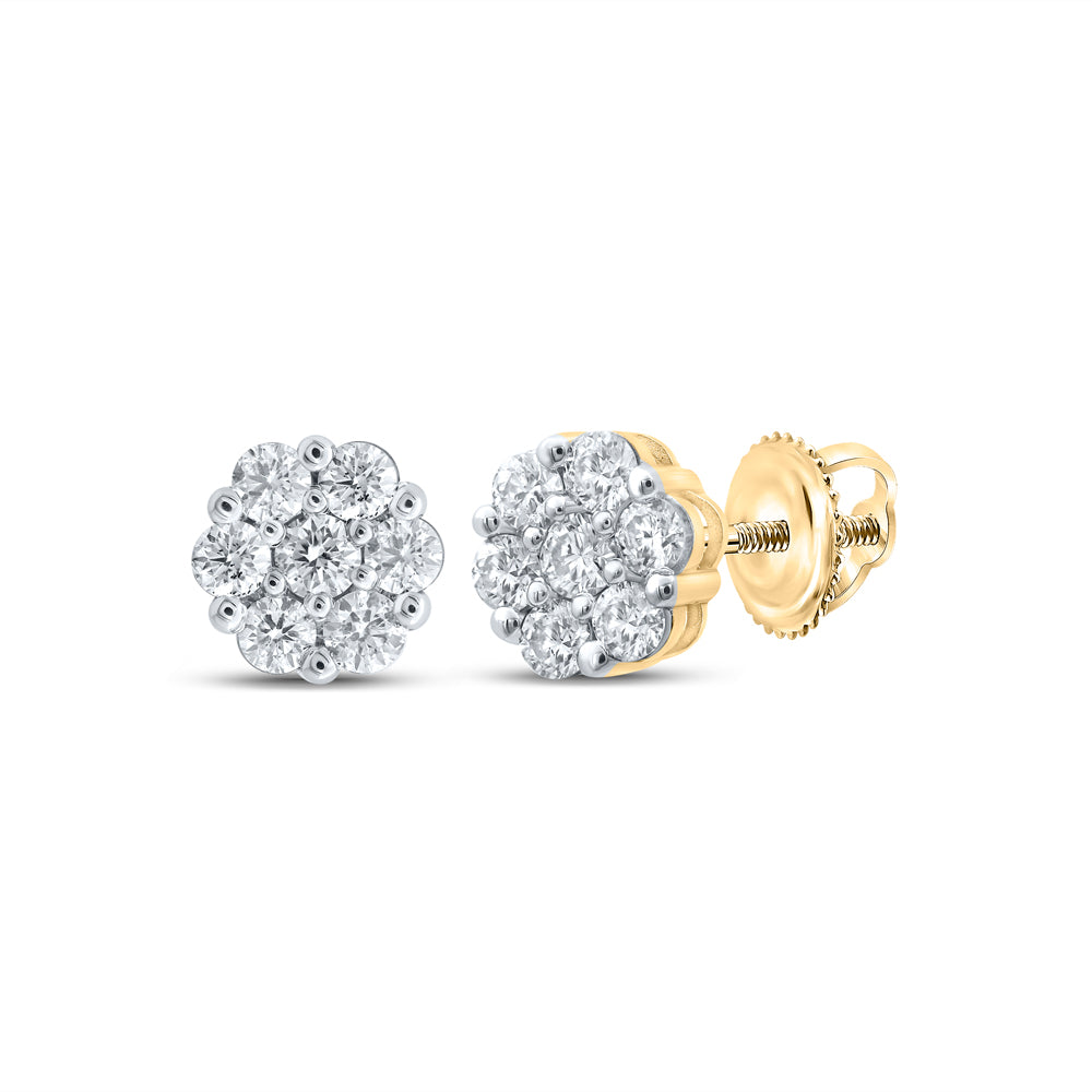 Gold Flower Cluster Earrings 1-1/5 Cttw Round Natural Diamond Womens (2.49 grams)