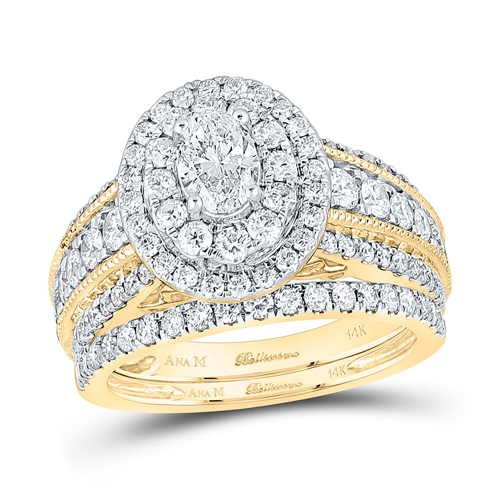 Gold Halo Bridal Wedding Ring Band Set 2 Cttw Oval Natural Diamond Womens (8.79 grams)