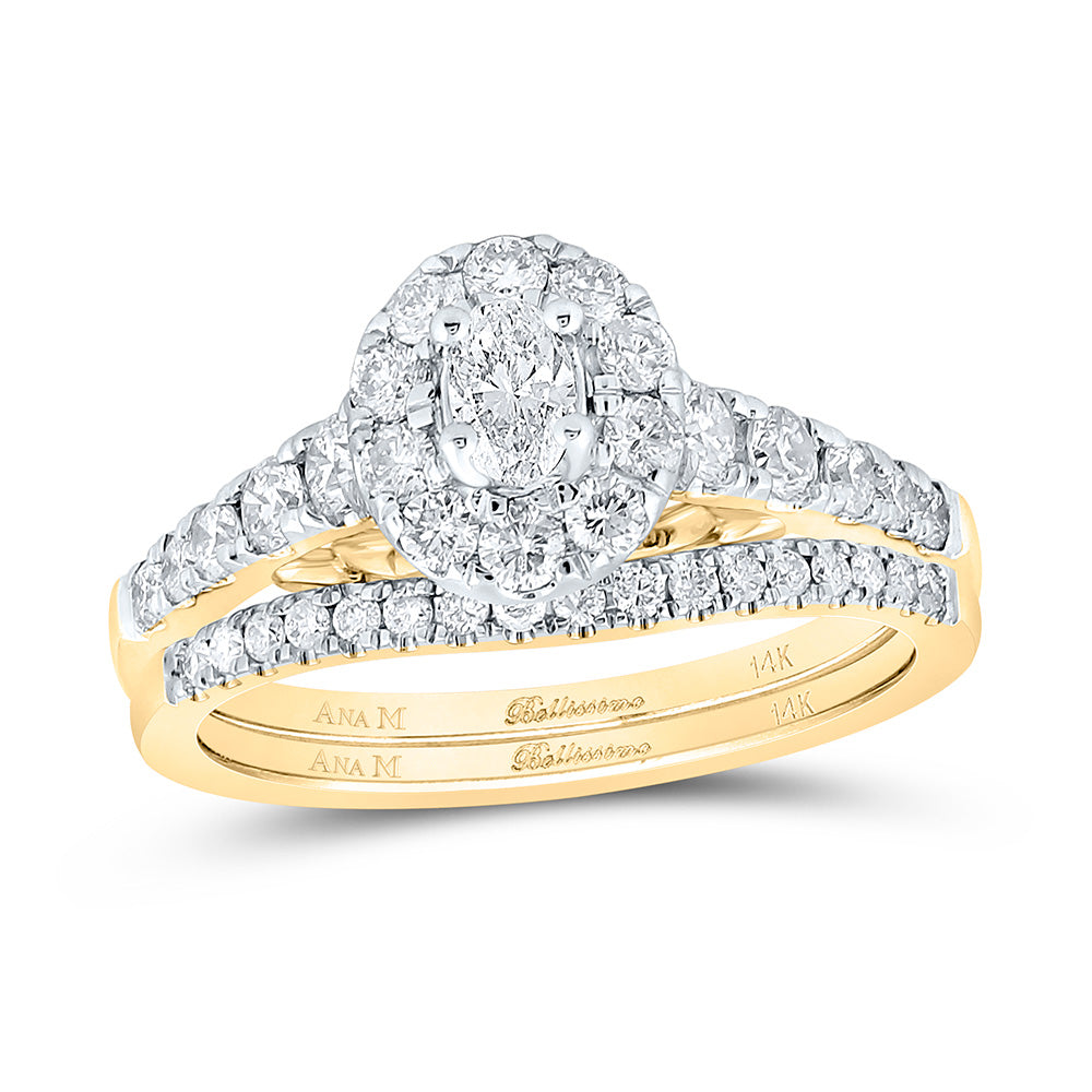 Gold Halo Bridal Wedding Ring Band Set 1 Cttw Oval Natural Diamond Womens (5.13 grams)