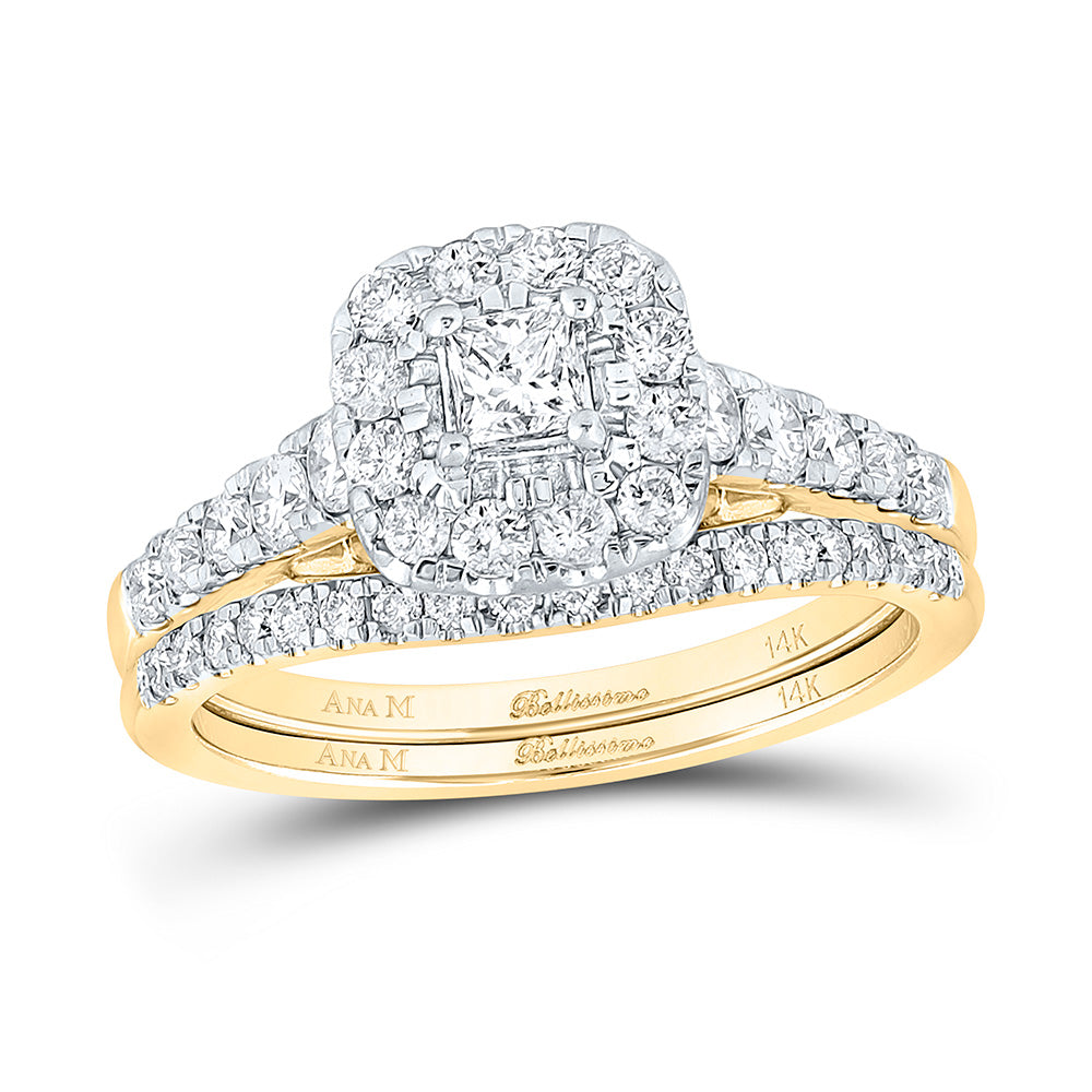 Gold Halo Bridal Wedding Ring Band Set 1 Cttw Princess Natural Diamond Womens (5.78 grams)