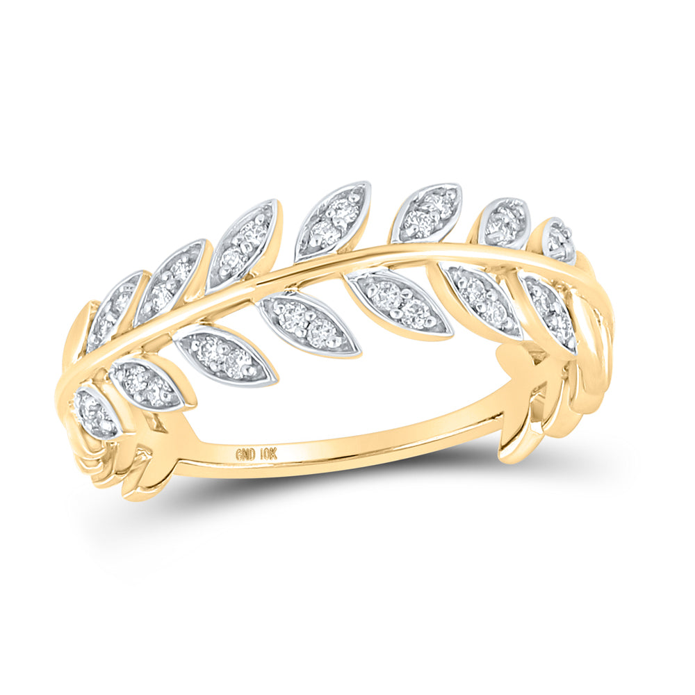 Gold Vine Leaf Stackable Band Ring 1/8 Cttw Round Natural Diamond Womens (2 grams)