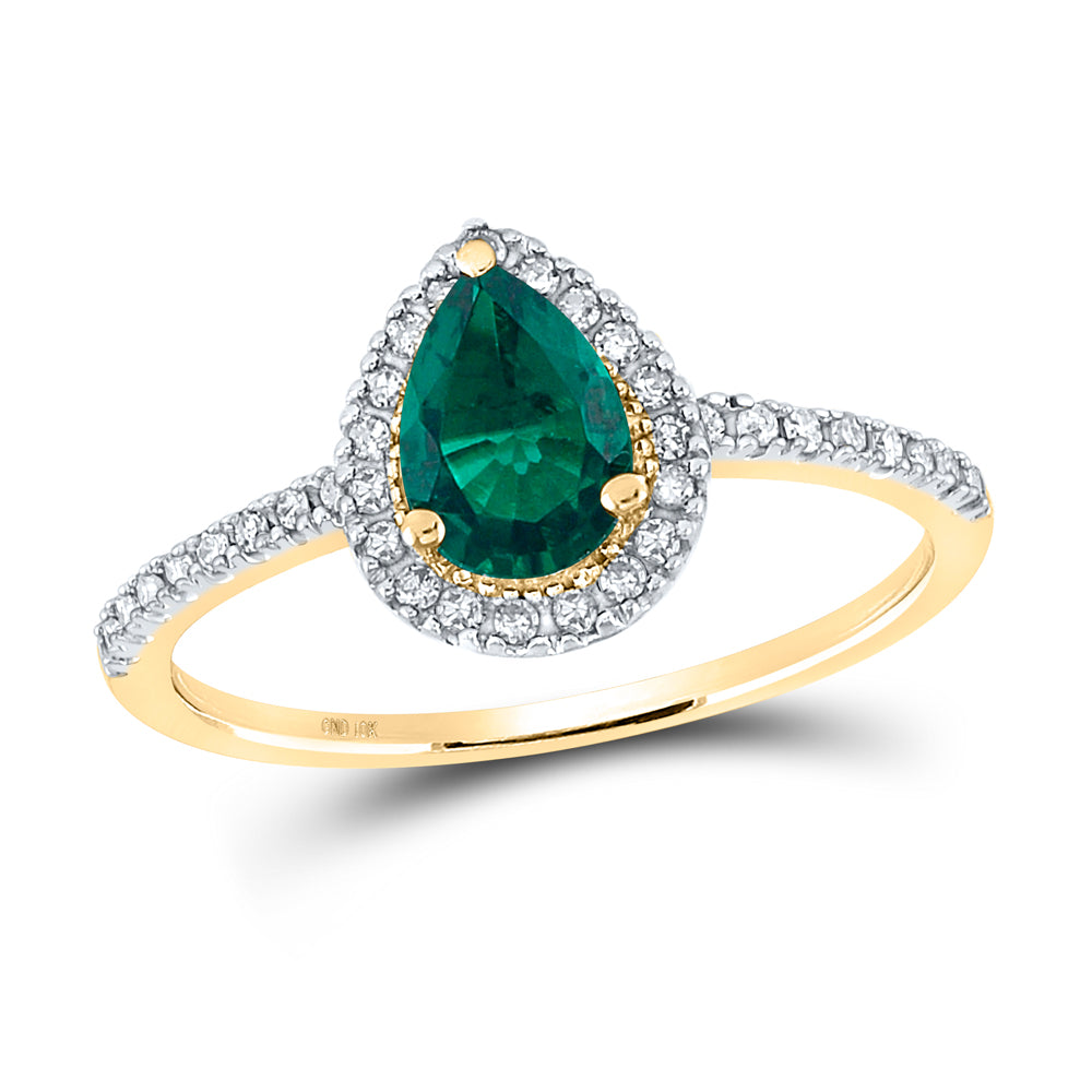 Gold Solitaire Ring 7/8 Cttw Pear Lab-Created Emerald Womens (1.49 grams)