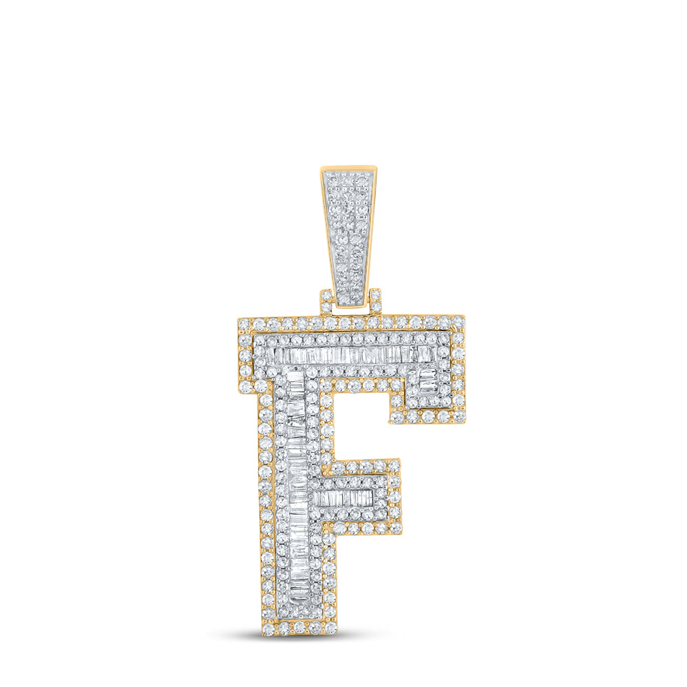 Gold F Initial Letter Charm Pendant 1-1/2 Cttw Baguette Natural Diamond Mens (9.03 grams)