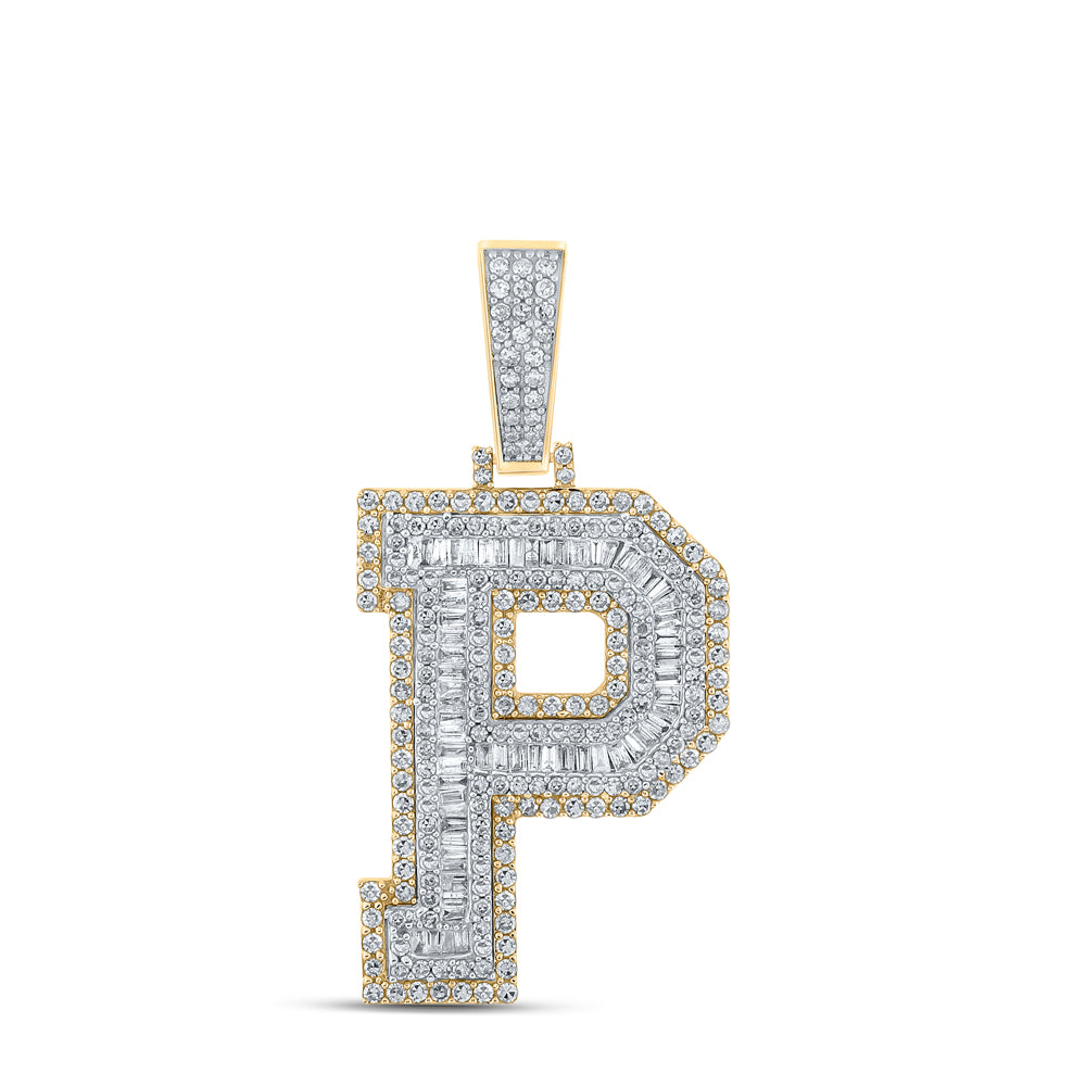 Gold P Initial Letter Charm Pendant 1-7/8 Cttw Baguette Natural Diamond Mens (9.58 grams)