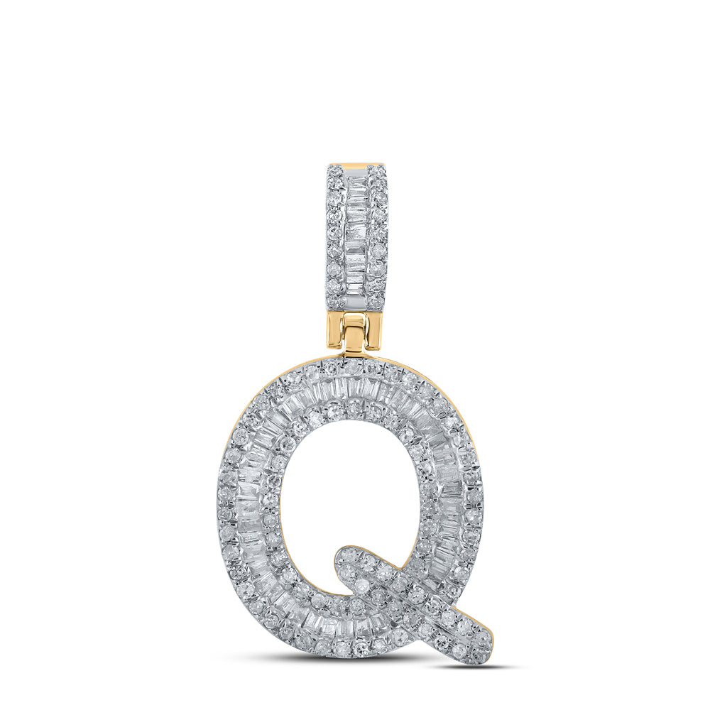 Gold Q Initial Letter Charm Pendant 1/2 Cttw Baguette Natural Diamond Mens (1.78 grams)