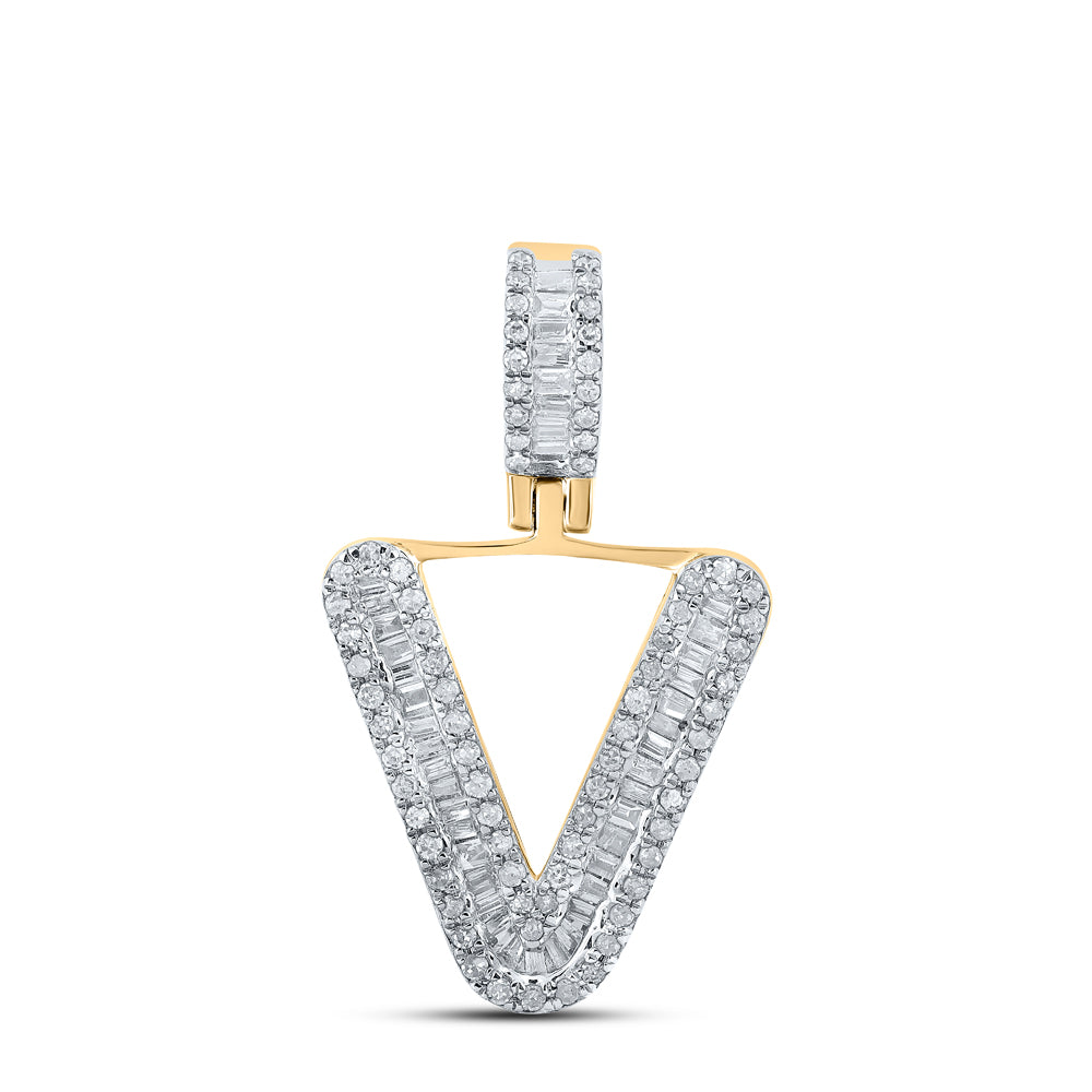 Gold V Initial Letter Charm Pendant 3/8 Cttw Baguette Natural Diamond Mens (1.88 grams)