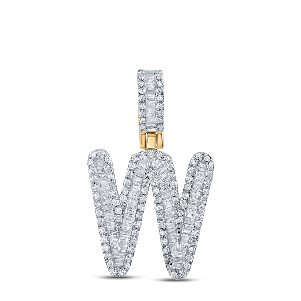 Gold W Initial Letter Charm Pendant 5/8 Cttw Baguette Natural Diamond Mens (2.38 grams)