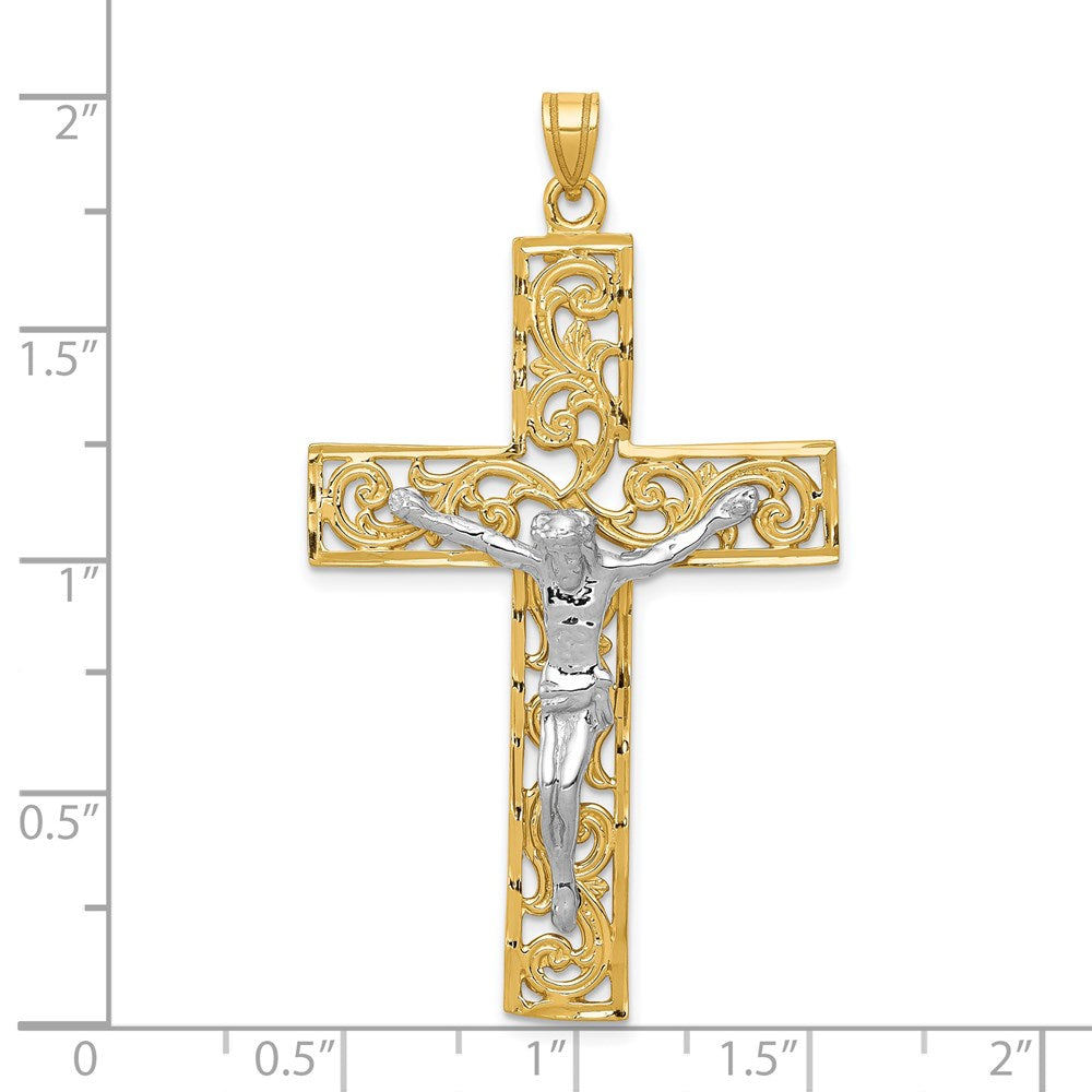 14k Two-tone 30 mm Diamond-cut Jesus Crucifix Pendant (4.08 grams)