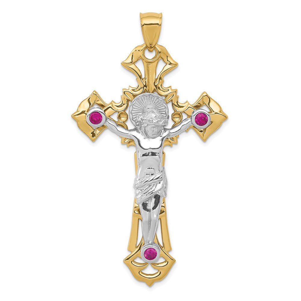14k Two-tone 37 mm Polished with Red CZ Cubic Zirconias Jesus Crucifix Pendant (12.12 grams)
