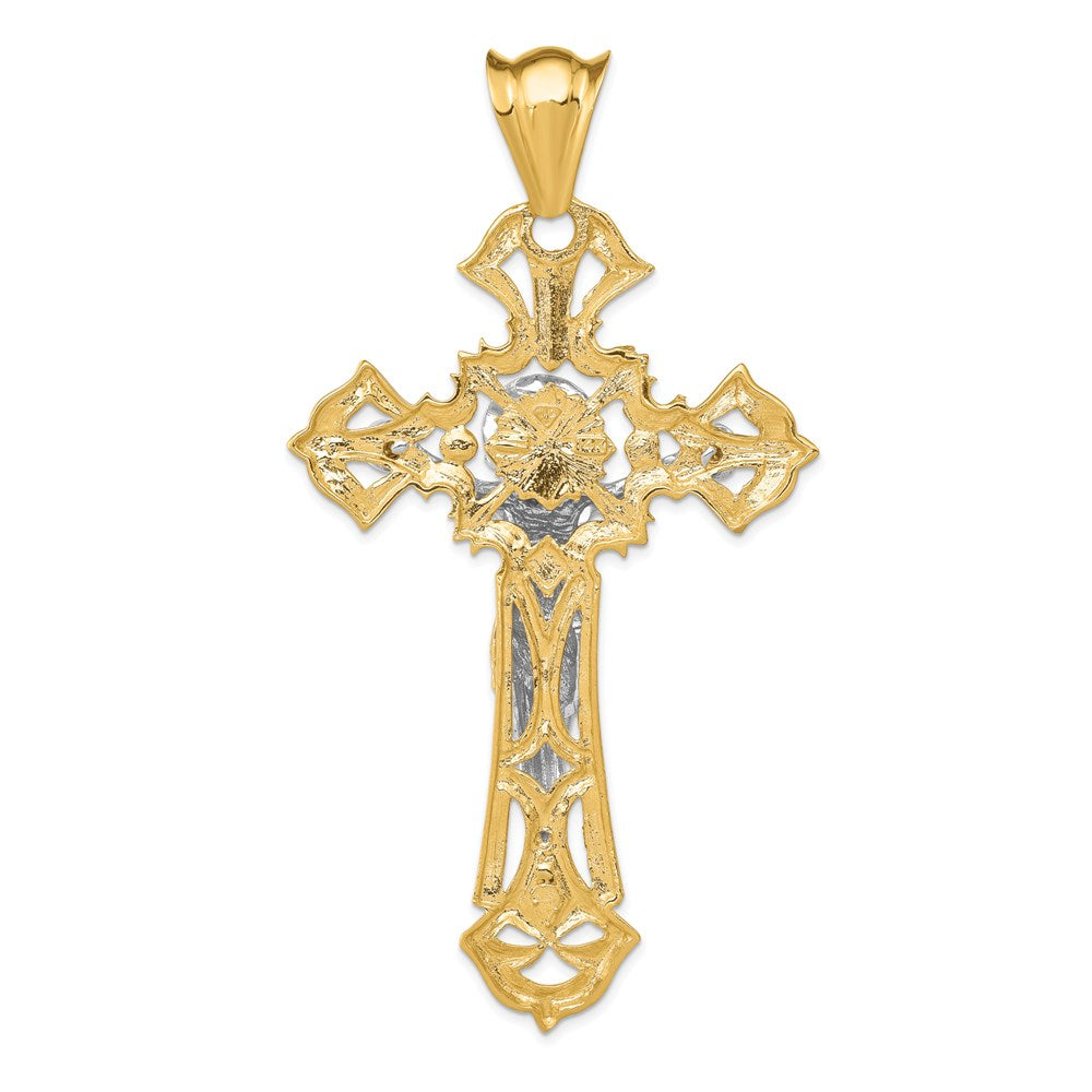 14k Two-tone 48 mm Polished with Red CZ Cubic Zirconias Jesus Crucifix Pendant (16.31 grams)