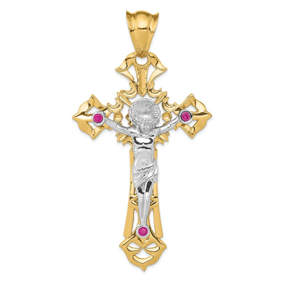 14k Two-tone 48 mm Polished with Red CZ Cubic Zirconias Jesus Crucifix Pendant