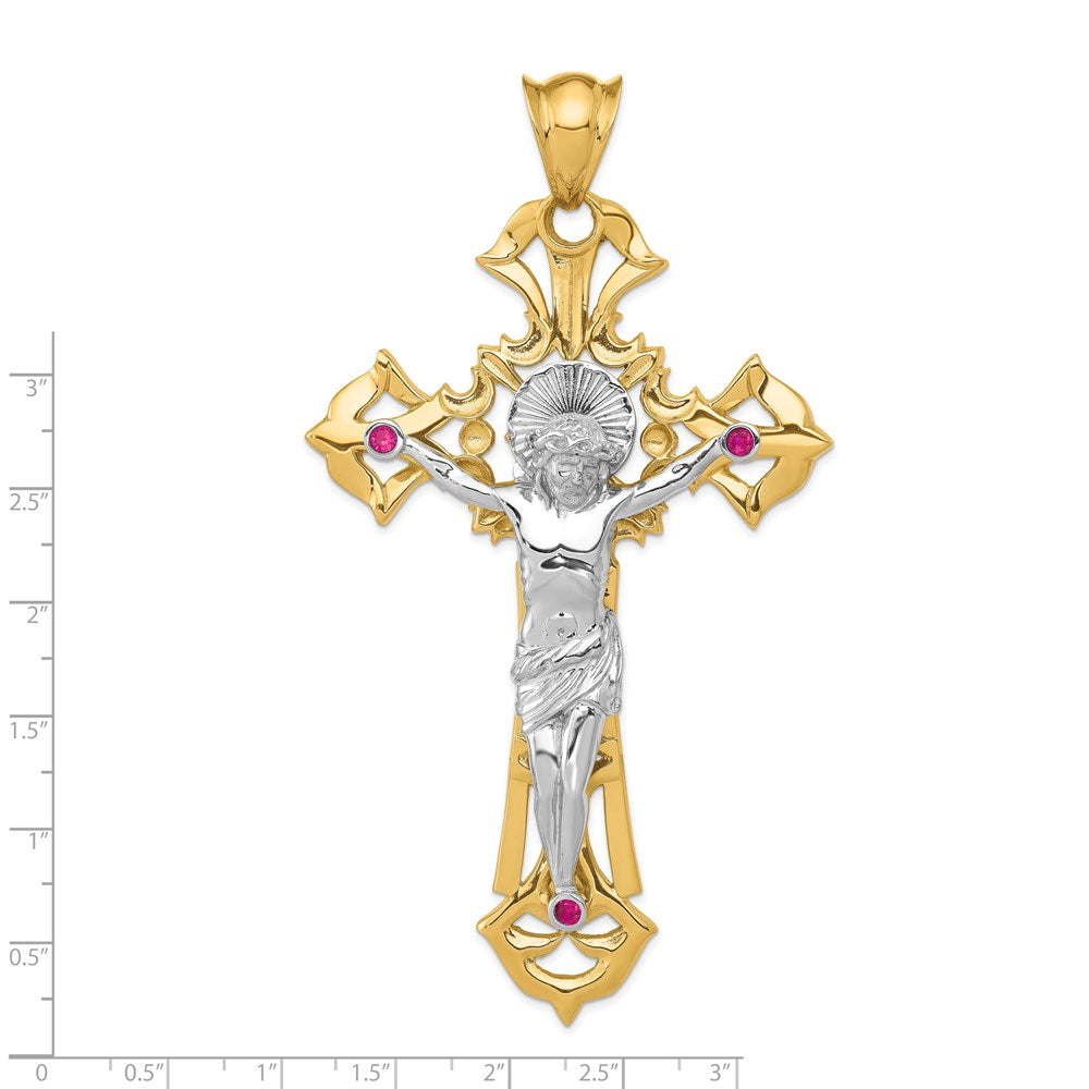 14k Two-tone 60 mm Polished with Red CZ Cubic Zirconias Jesus Crucifix Pendant (32.92 grams)