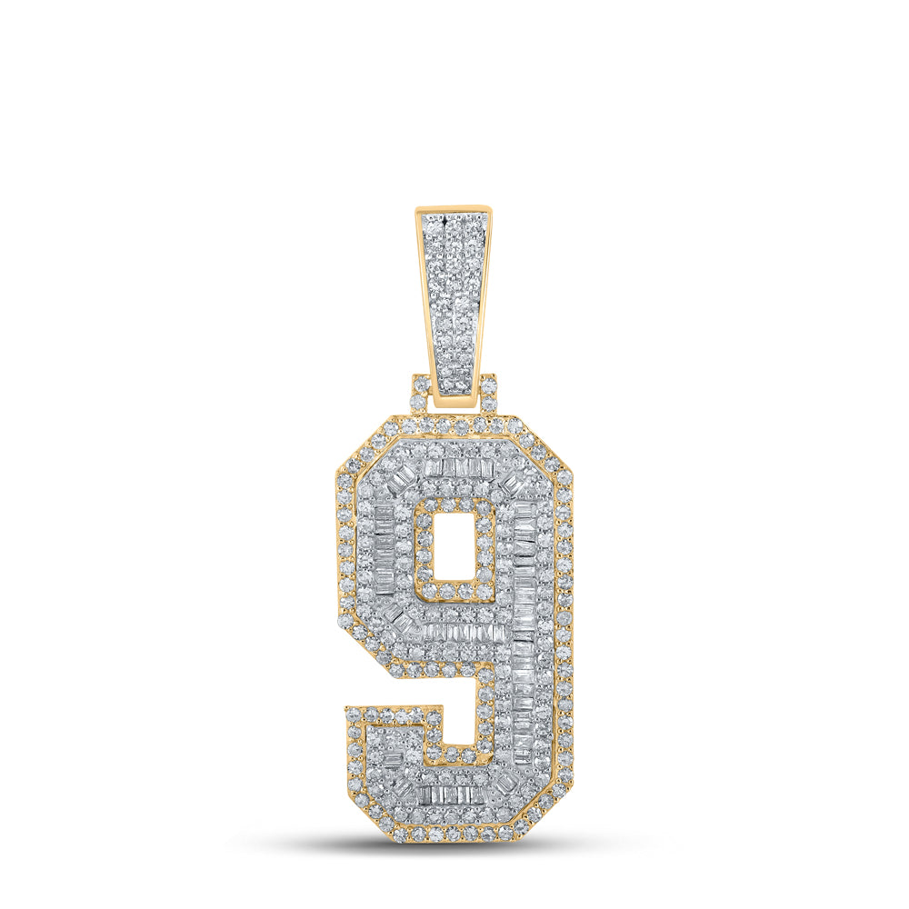 Gold Number 9 Charm Pendant 1-5/8 Cttw Baguette Natural Diamond Mens (8.42 grams)