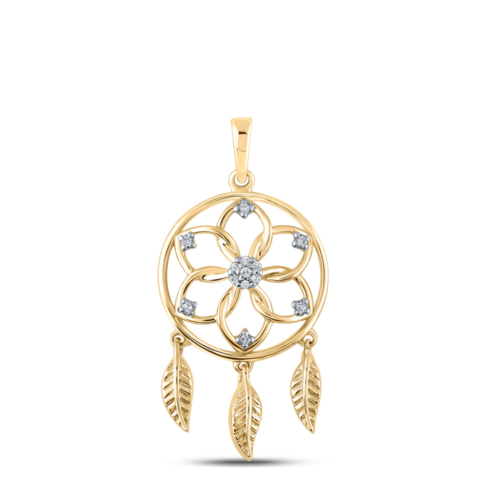 Gold Dream Catcher Circle Pendant 1/20 Cttw Round Natural Diamond Womens (1.91 grams)