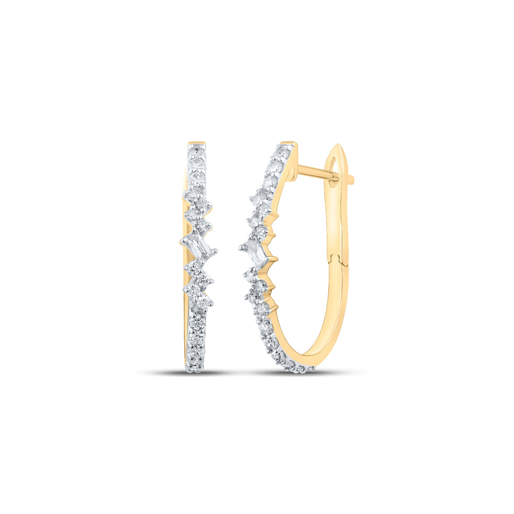 Gold Hoop Earrings 3/8 Cttw Baguette Natural Diamond Womens (2.04 grams)