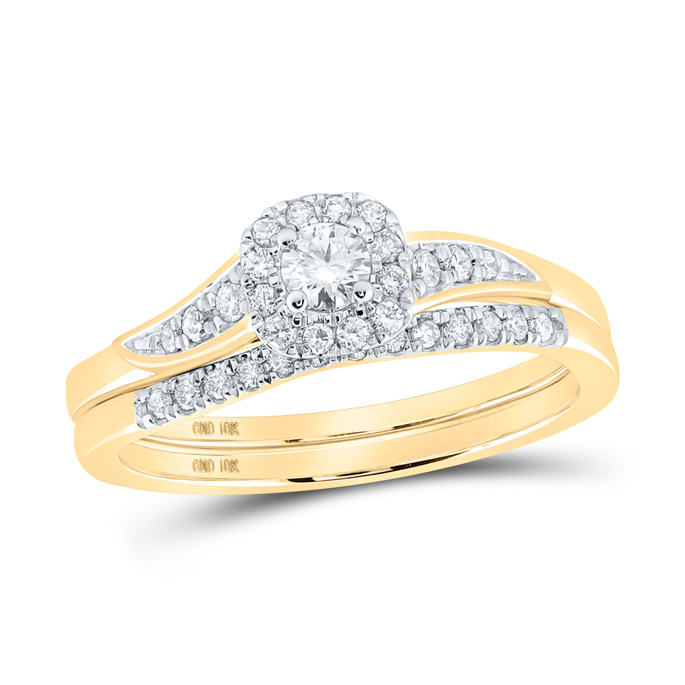 Gold Halo Bridal Wedding Ring Band Set 1/3 Cttw Round Natural Diamond Womens (3.22 grams)