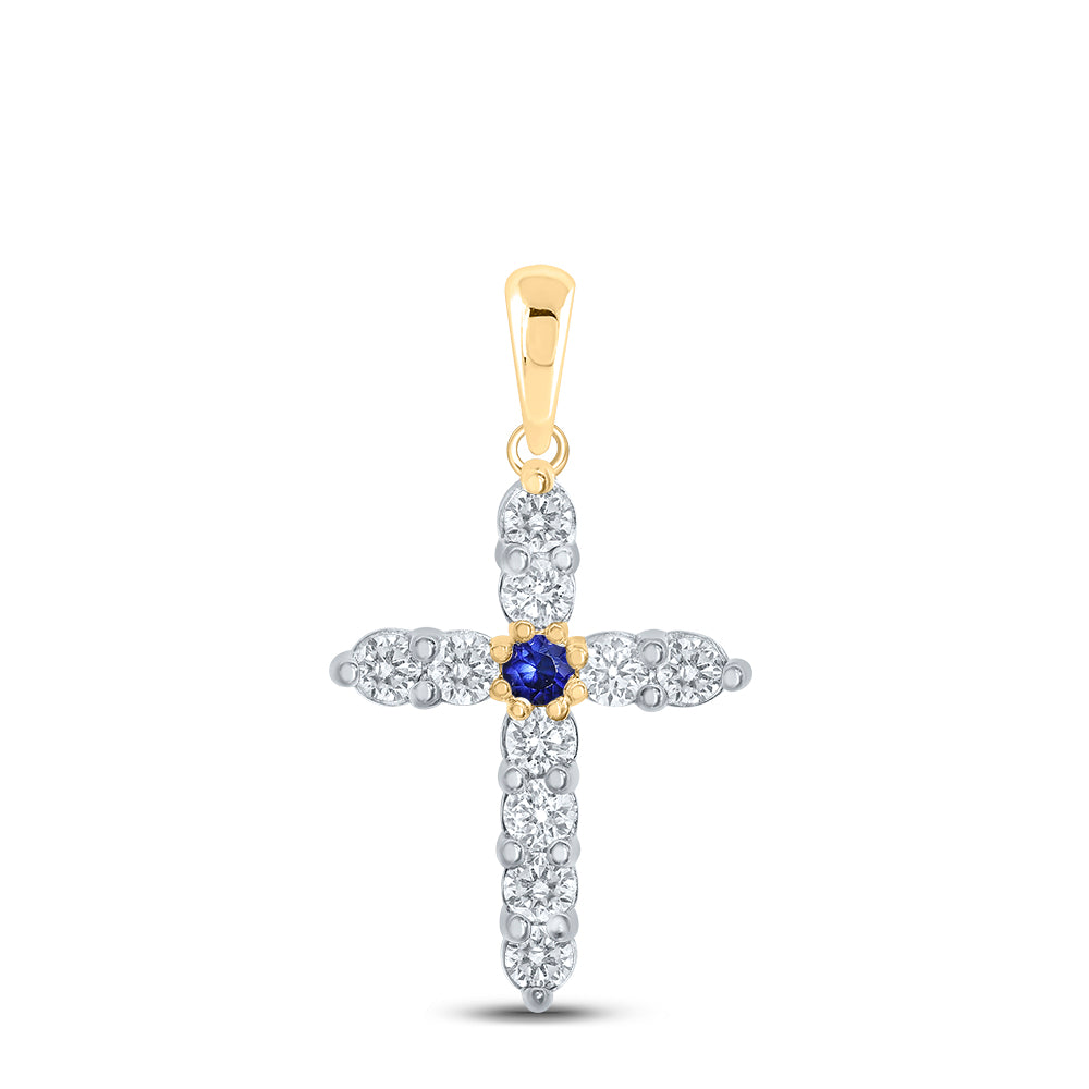 Gold Cross Pendant 1/2 Cttw Round Blue Sapphire Womens (1.25 grams)