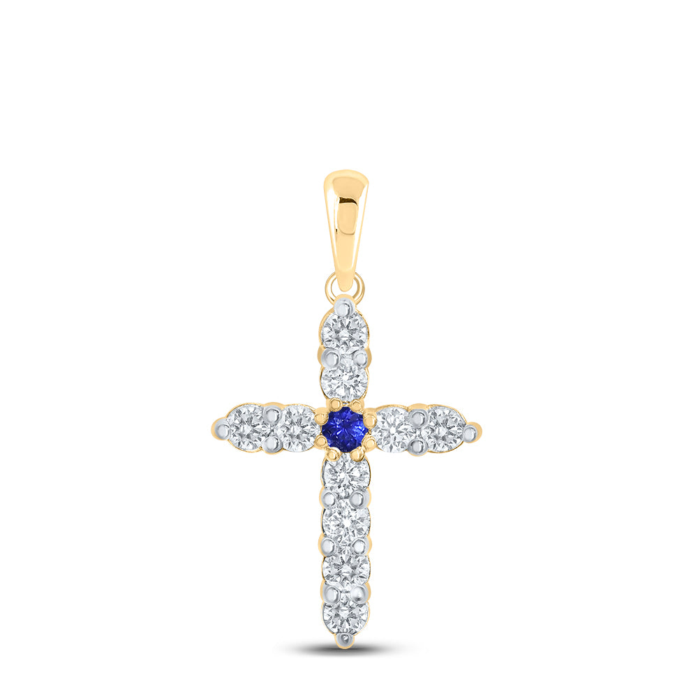 Gold Cross Pendant 1/5 Cttw Round Blue Sapphire Womens (0.77 grams)