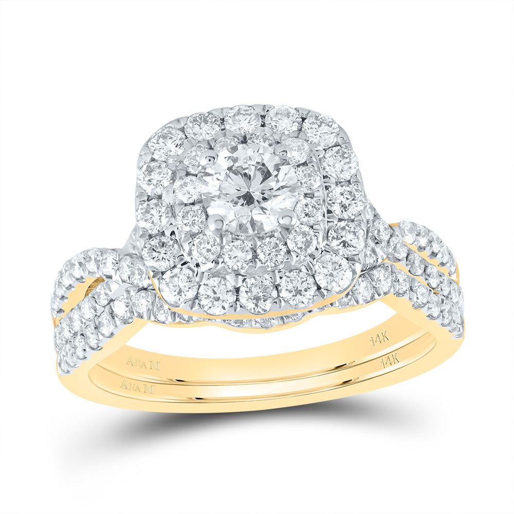 Gold Halo Bridal Wedding Ring Band Set 1-1/2 Cttw Round Natural Diamond Womens (5.72 grams)