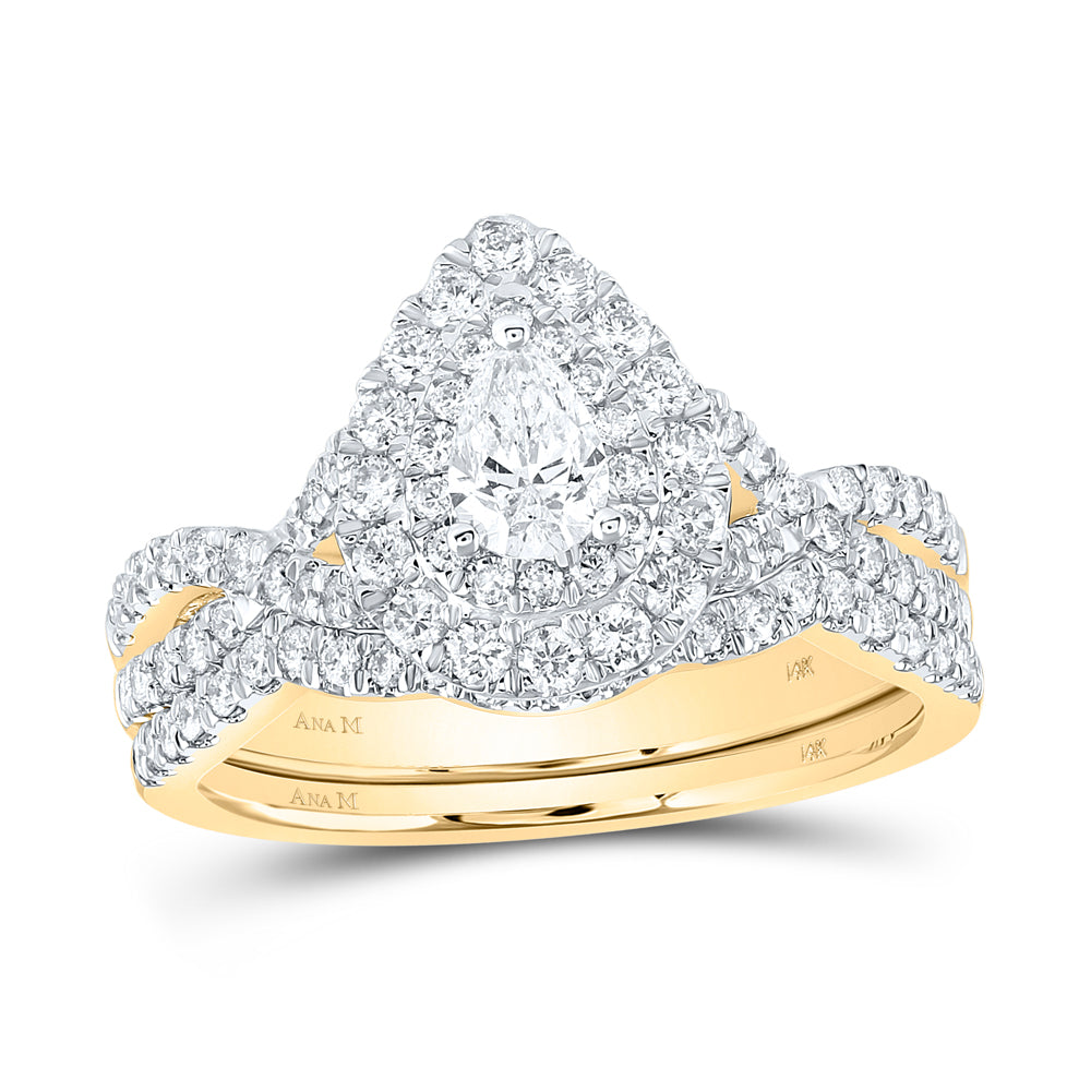 Gold Halo Bridal Wedding Ring Band Set 1 Cttw Pear Natural Diamond Womens (5.49 grams)