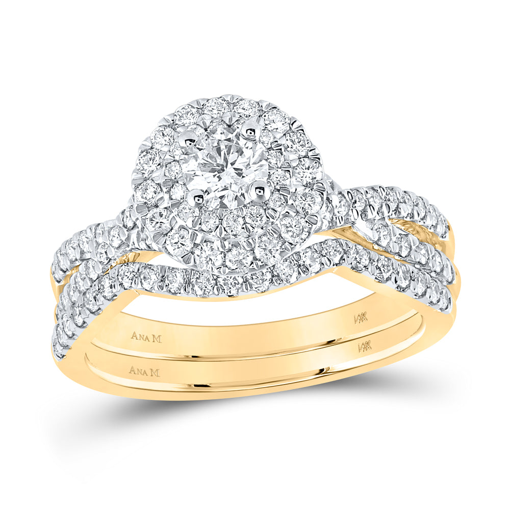 Gold Halo Bridal Wedding Ring Band Set 1 Cttw Round Natural Diamond Womens (5.3 grams)
