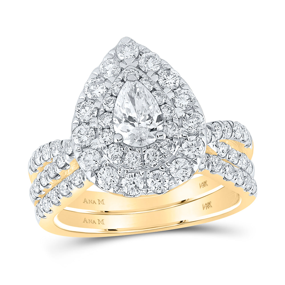 Gold Halo Bridal Wedding Ring Band Set 2 Cttw Pear Natural Diamond Womens (6.38 grams)