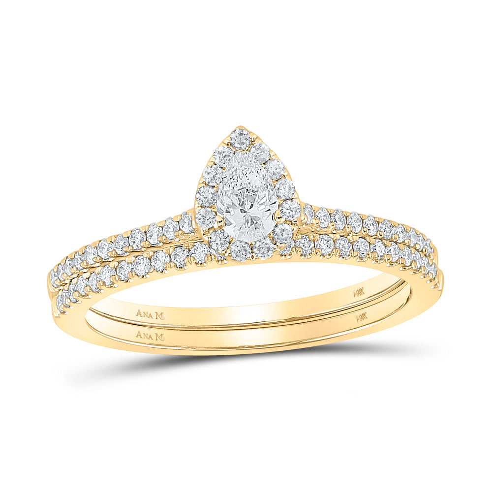 Gold Halo Bridal Wedding Ring Band Set 1/2 Cttw Pear Natural Diamond Womens (2.56 grams)