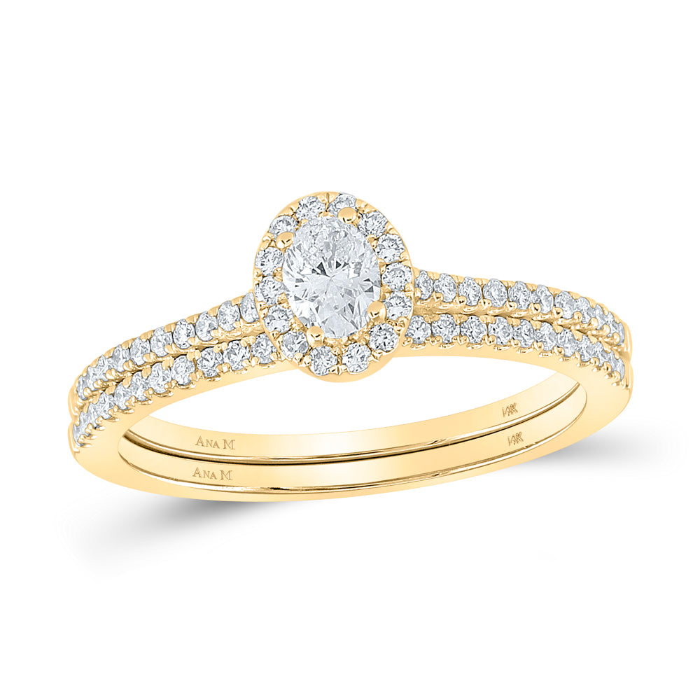 Gold Halo Bridal Wedding Ring Band Set 1/2 Cttw Oval Natural Diamond Womens (2.39 grams)