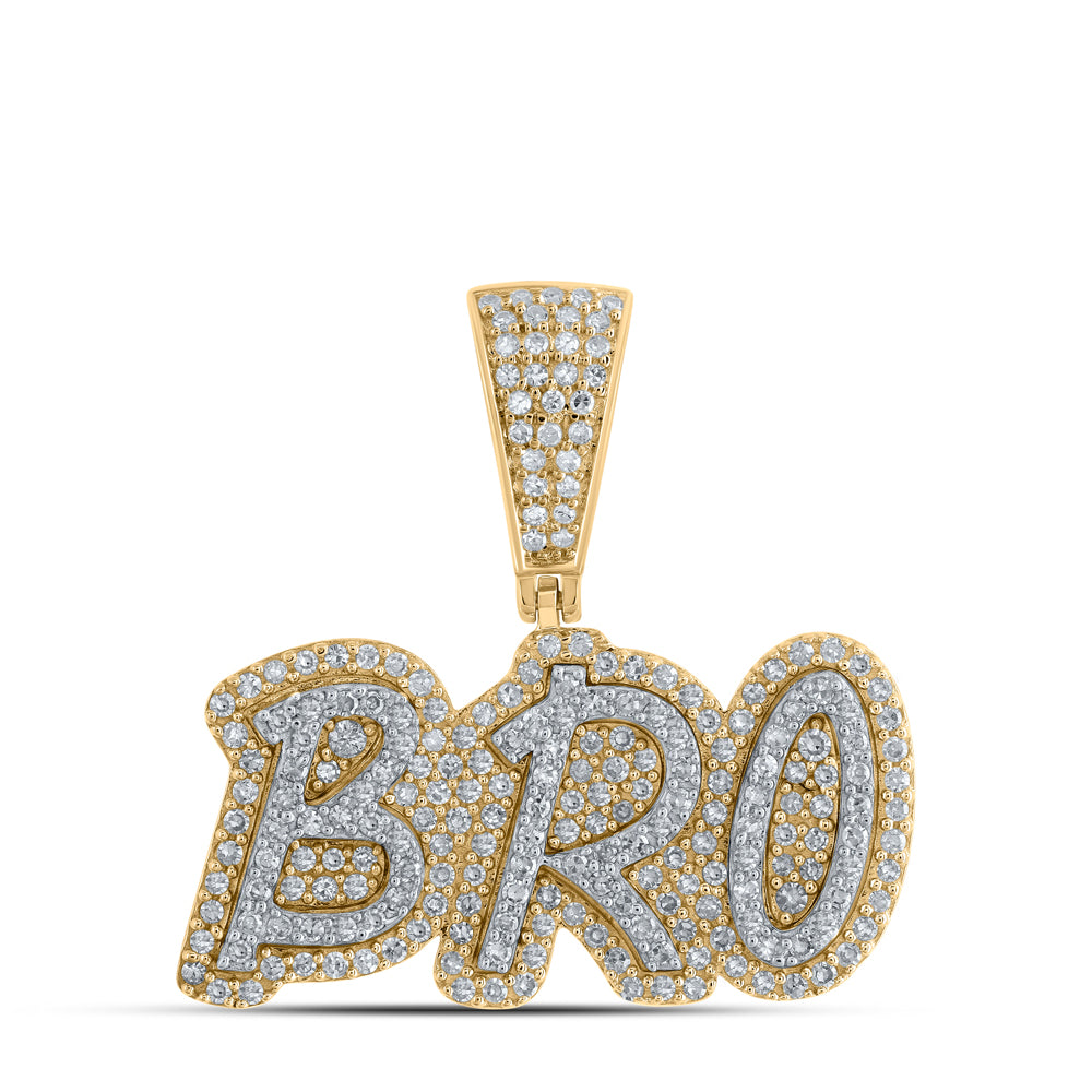 Gold BRO Phrase Charm Pendant 5/8 Cttw Round Natural Diamond Mens (3.34 grams)