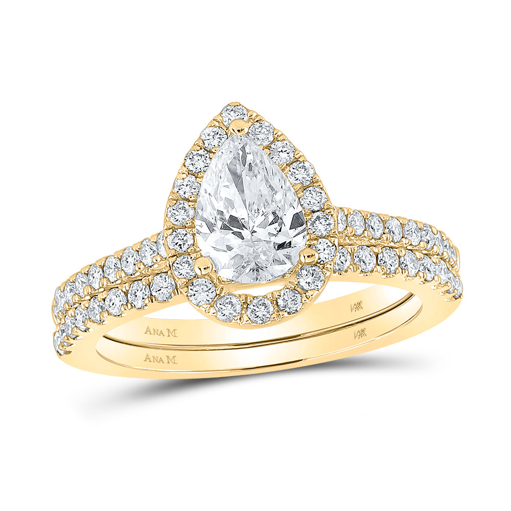 Gold Halo Bridal Wedding Ring Band Set 1-1/2 Cttw Pear Natural Diamond Womens (3.68 grams)