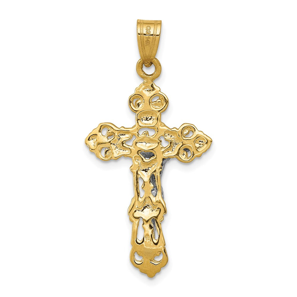 14k Two-tone 18 mm Fleur De Lis Jesus Crucifix Pendant